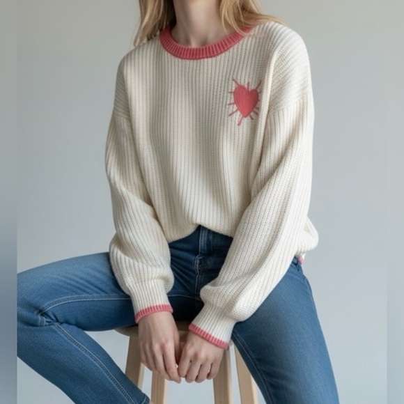 Kerri Rosenthal White & Pink Trim Heart Crew Neck “Valentine’s Day” Sweater, M - Picture 2 of 12